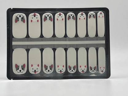 Animal themed nail wraps sheet with kawaii dog faces in grey and pink colours