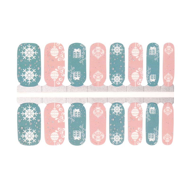 Non-UV nail wraps sheet showing Christmas patterns in sage blue and dusty rose with snowflakes