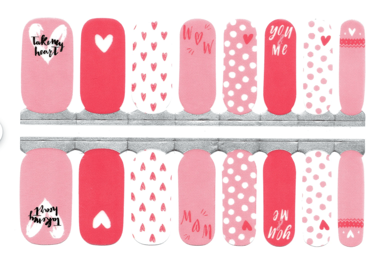 Pink non-UV nail wraps sheet featuring hearts polka dots and love text designs