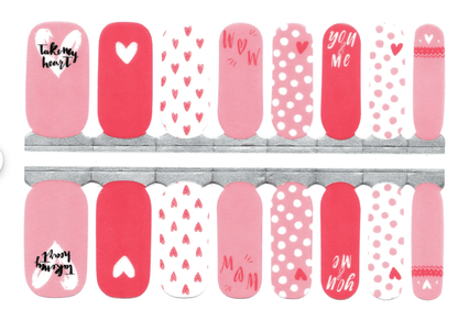 Pink non-UV nail wraps sheet featuring hearts polka dots and love text designs