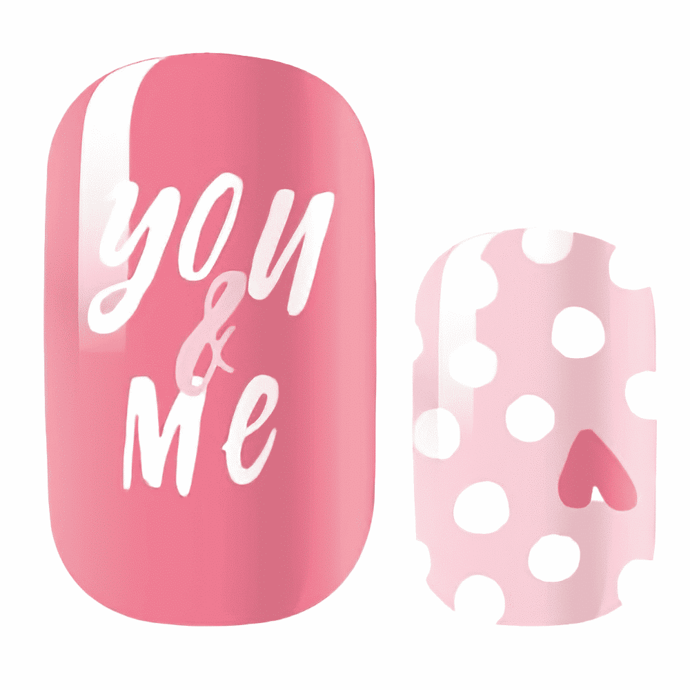 Pink nail wraps with "You & Me" script text and pale pink polka dot heart design
