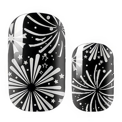 Black and silver firework starburst non-UV nail wraps with celebratory party design