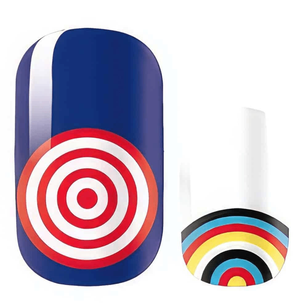 Red white target bullseye nail wrap design with blue background showing retro geometric nail art