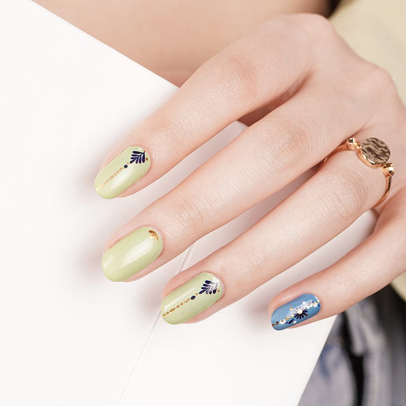 Sage green and blue nail wraps with vintage floral botanical nail art designs