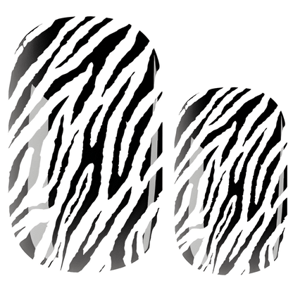 Black and white zebra print nail wraps with bold animal stripe pattern