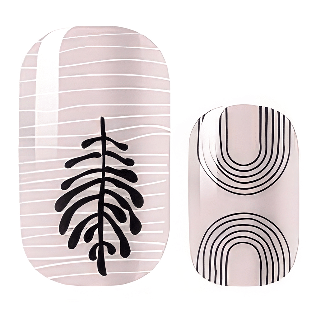 Pink nail wraps with black botanical leaf and minimalist line art patterns for zen manicure