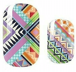 Colourful geometric nail wraps featuring rainbow zigzag stripes and retro 80s patterns for statement nails