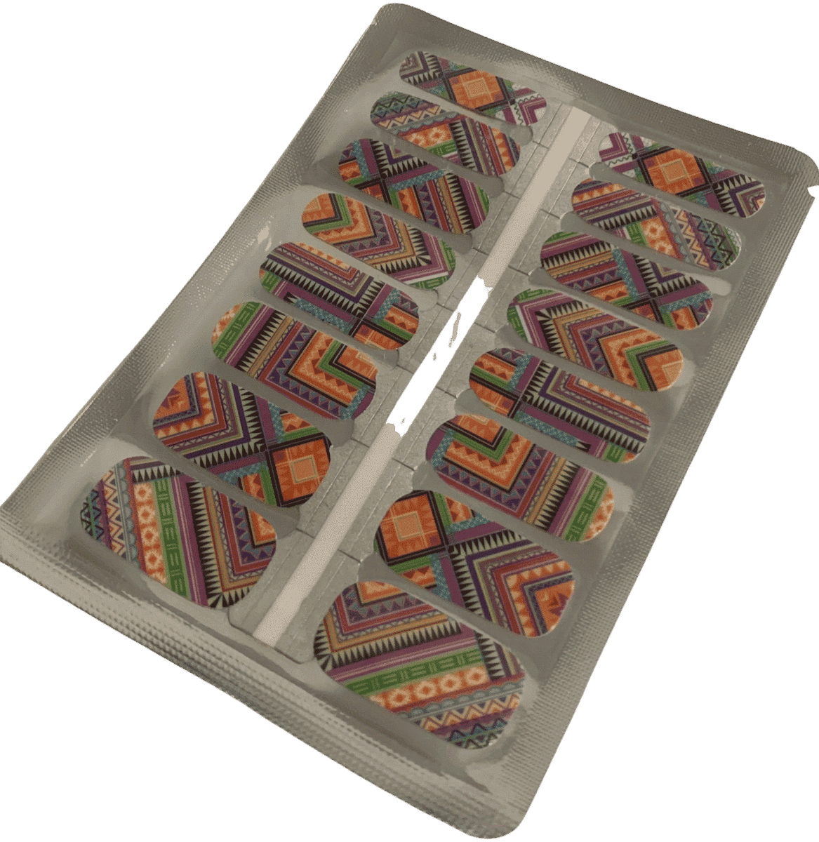 Colourful geometric zigzag pattern nail wraps with rainbow stripes and retro 80s design