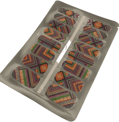 Colourful geometric zigzag pattern nail wraps with rainbow stripes and retro 80s design