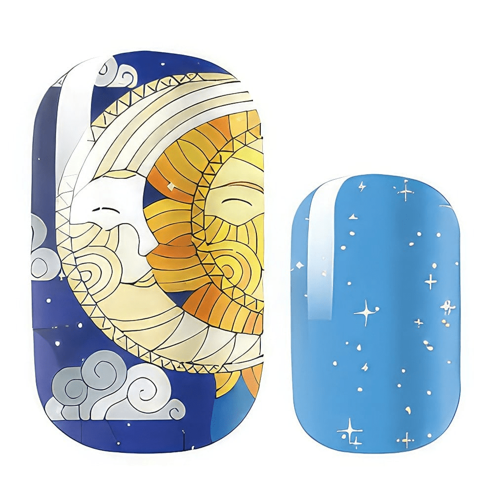 Celestial zodiac nail art design featuring blue starry sky and golden moon illustration