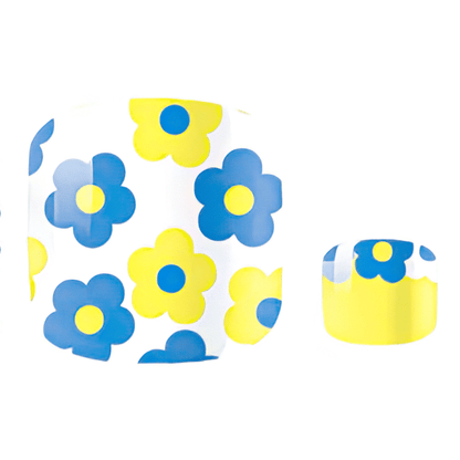 Yellow and blue daisy flower pedicure nail wraps with cheerful floral pattern design