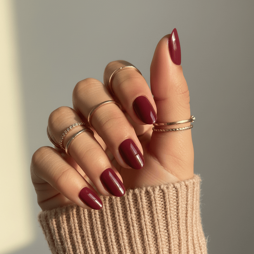 Hand wearing deep red glossy press-on nails in short oval shape with gold rings