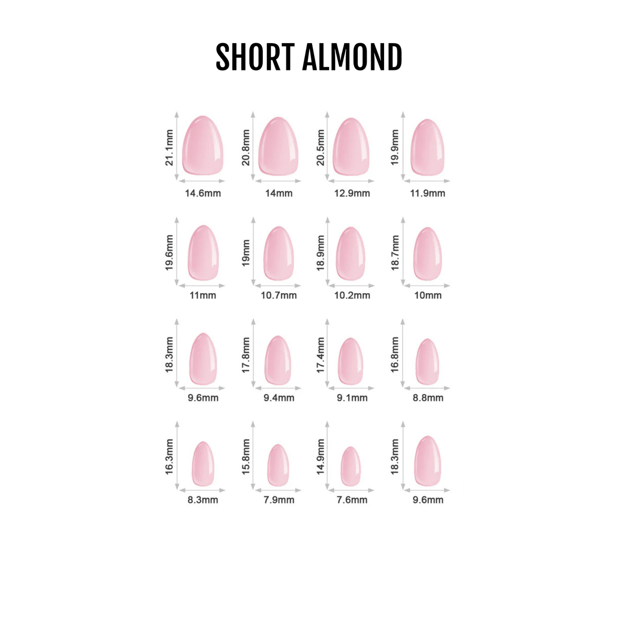 Short almond press-on nail size chart in pink showing 16 different sizes for gel nail extensions