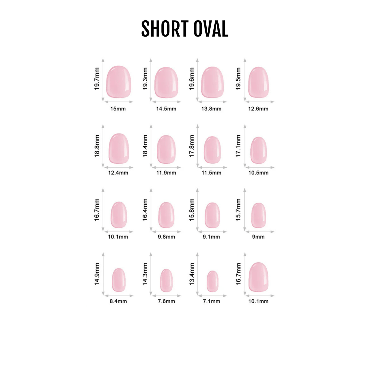 Pink nude short oval press-on nails size chart showing different nail dimensions for at-home manicure