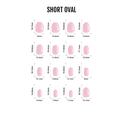 Pink nude short oval press-on nails size chart showing different nail dimensions for at-home manicure