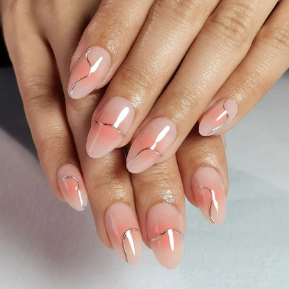 Pink chrome press-on nails short almond shape both hands geometric line accent design