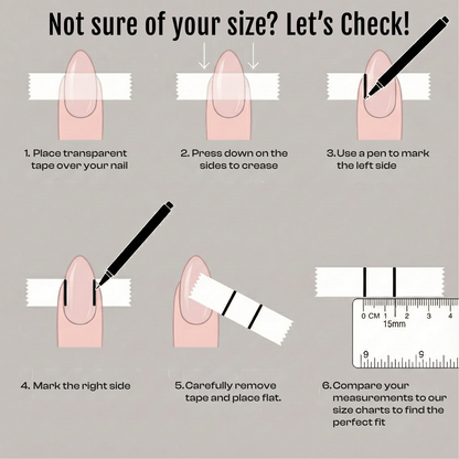 Instructional graphic: 6-step guide to measure nail size using tape, pen, and ruler.