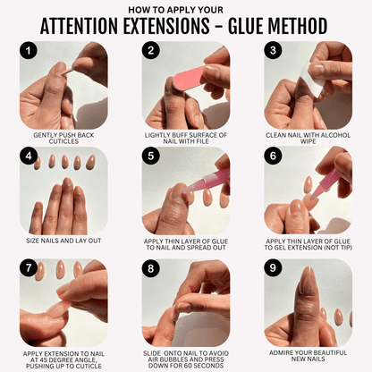 Nine-step tutorial showing how to apply press-on nail extensions using glue method
