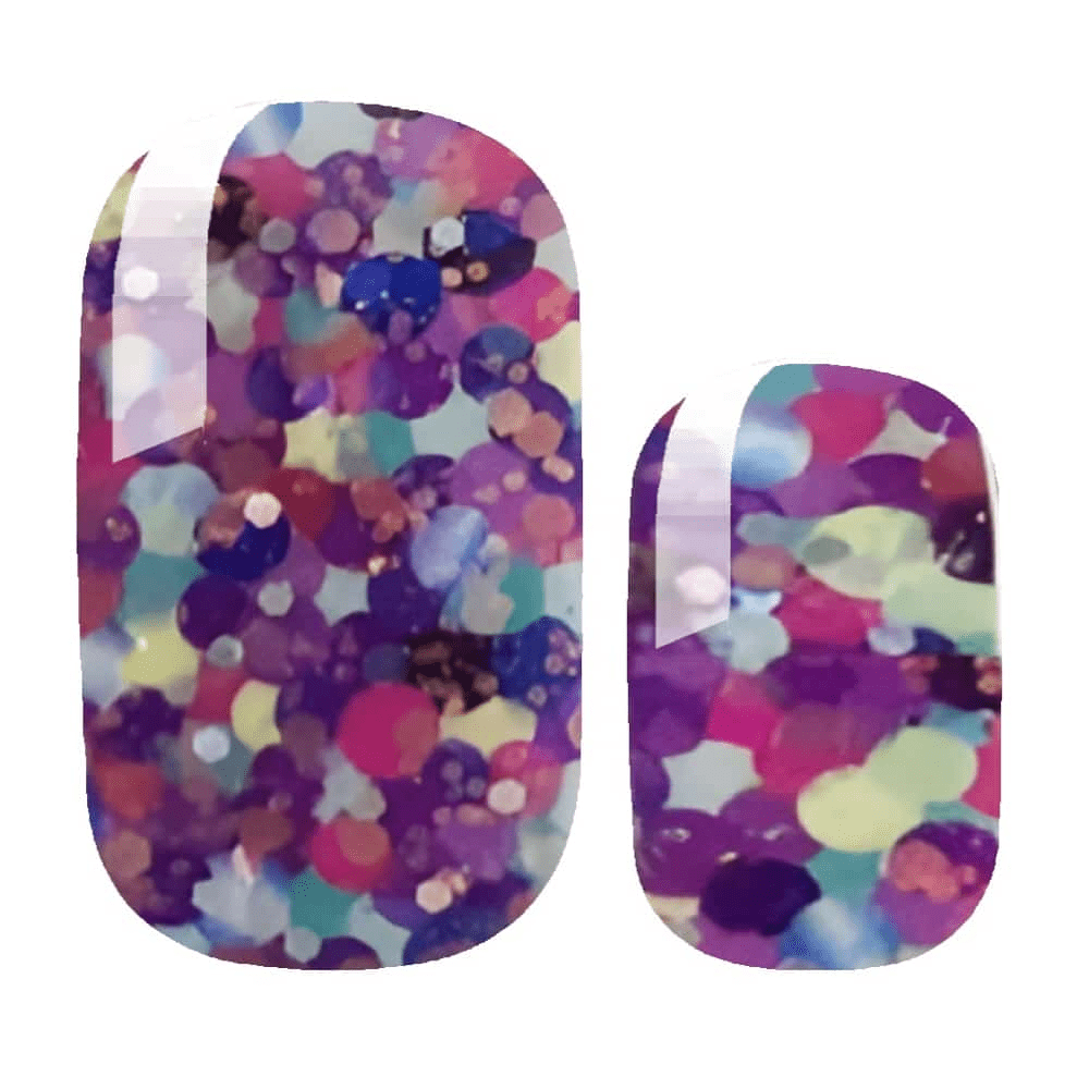 Colourful multicoloured polka dot nail wraps with purple base and confetti pattern