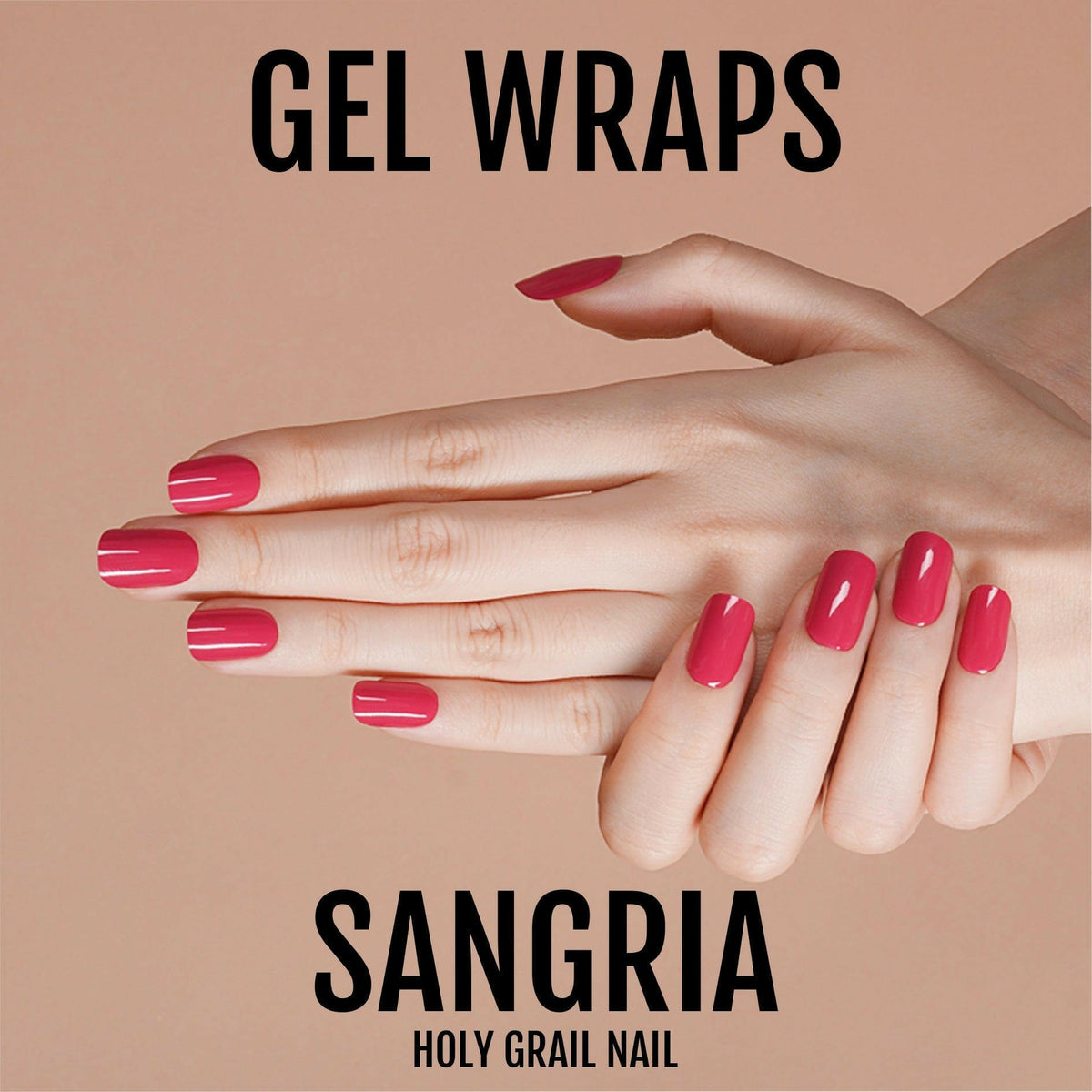 Two hands displaying sangria red gel nail wraps with glossy wine finish