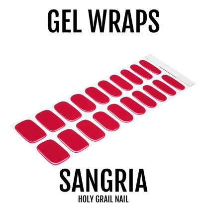 Deep red sangria gel nail wraps sheet showing individual nail wrap strips