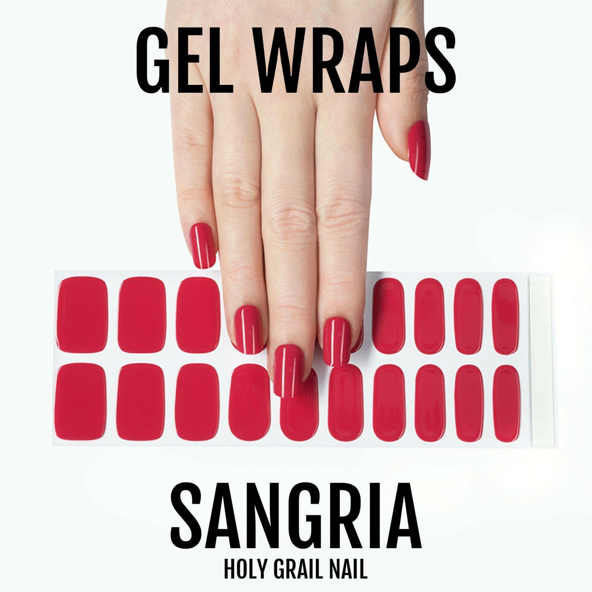 Hand holding sangria red gel nail wraps sheet for at-home manicure application