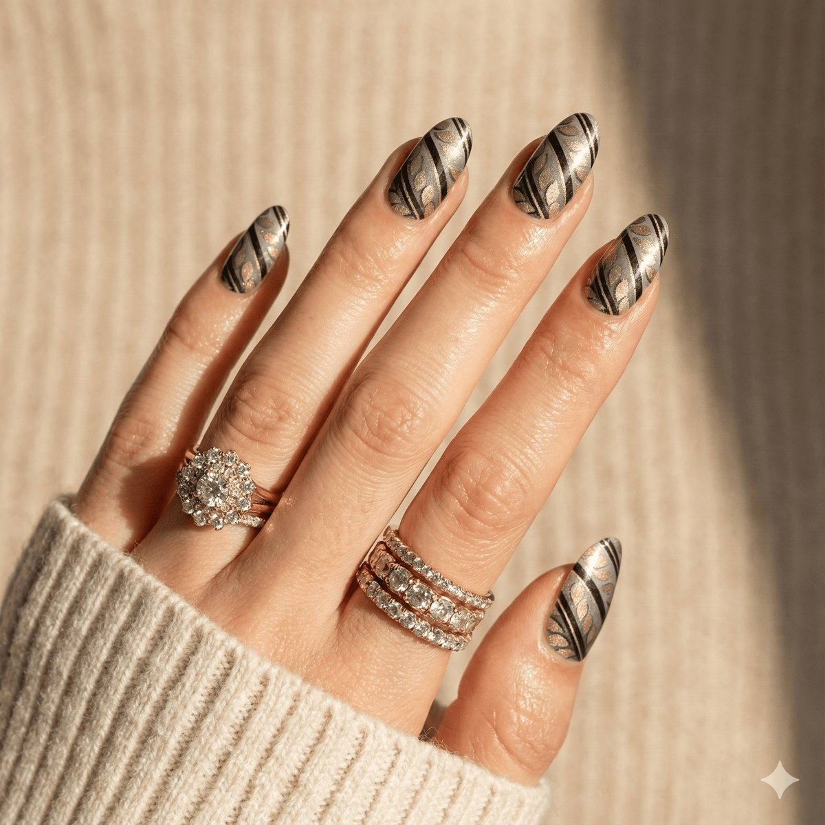 Silver chrome gel nail wraps with black art deco swirl pattern on hand