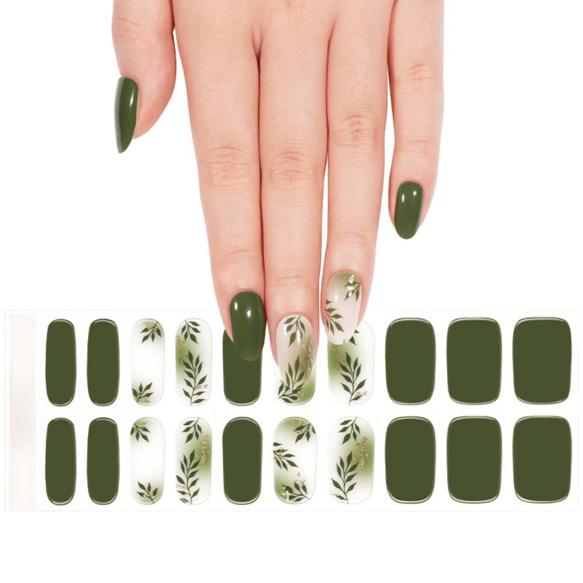 Botanical green gel nail wraps with leaf patterns shown on hand and flat sheet