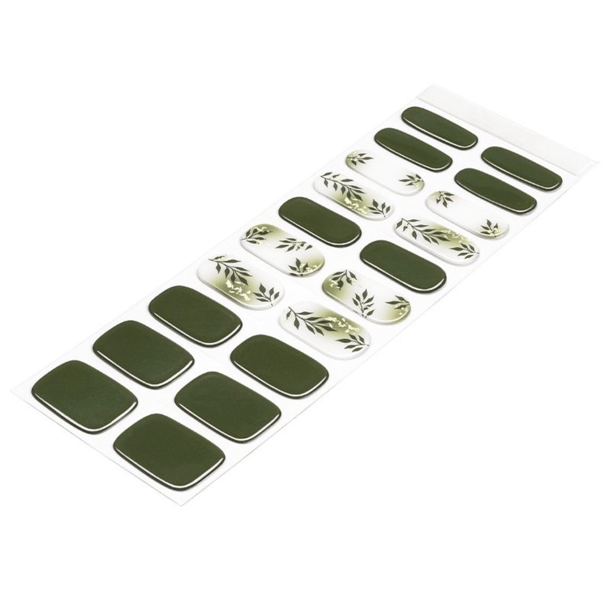 Semi-cured gel nail wraps in olive green with botanical leaf designs flat lay