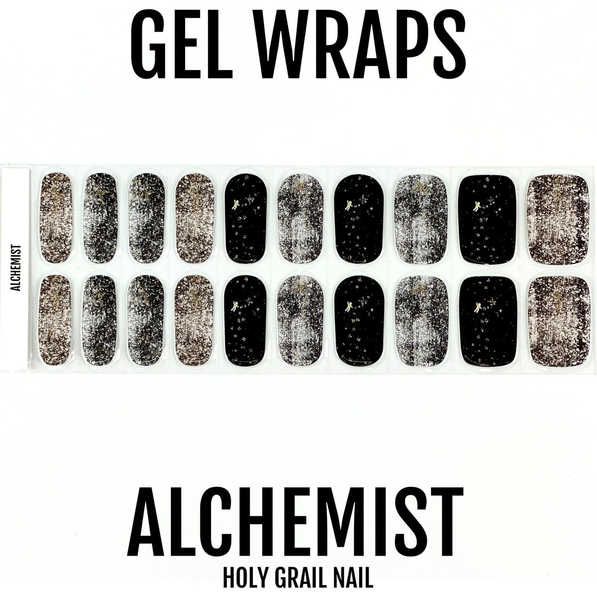 Gel nail wraps sheet featuring silver glitter and black star pattern designs