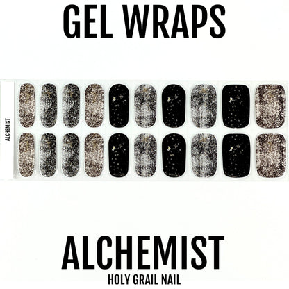 Gel nail wraps sheet featuring silver glitter and black star pattern designs
