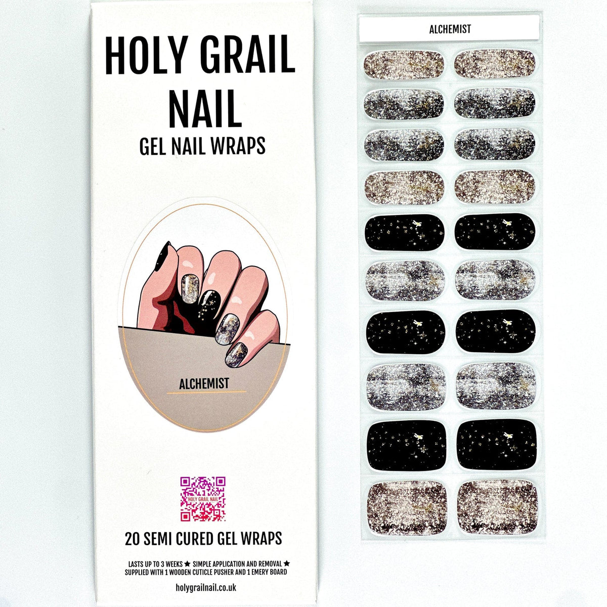 Semi-cured gel nail wraps packaging showing silver glitter and black star designs