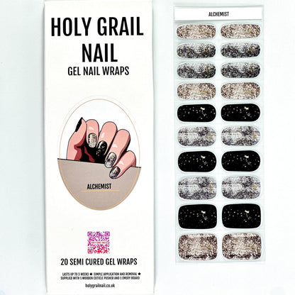 Semi-cured gel nail wraps packaging showing silver glitter and black star designs