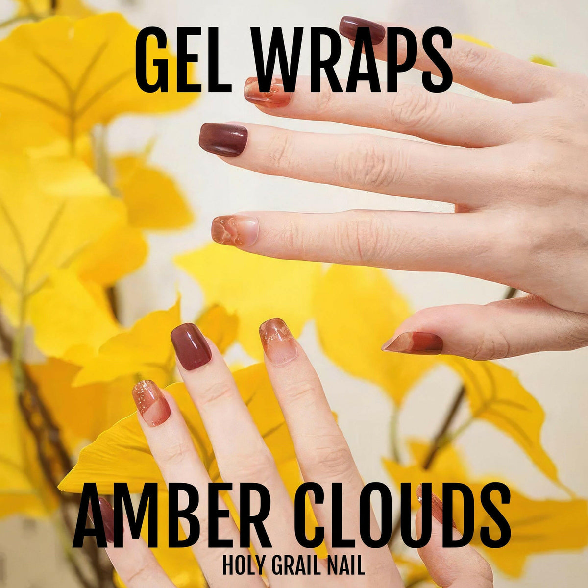 Amber clouds gel nail wraps autumn brown pattern manicure with yellow autumn leaves background