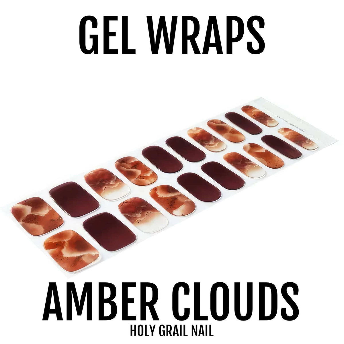 Set of amber clouds gel nail wraps showing brown and orange marble pattern designs