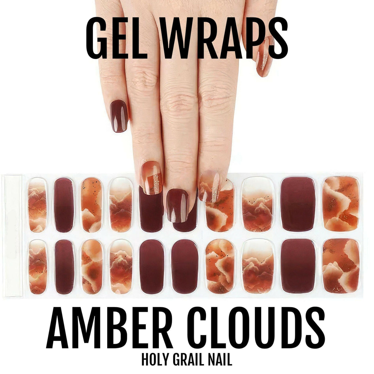 Hand wearing amber clouds gel nail wraps with matching nail wrap sheet displaying marble patterns