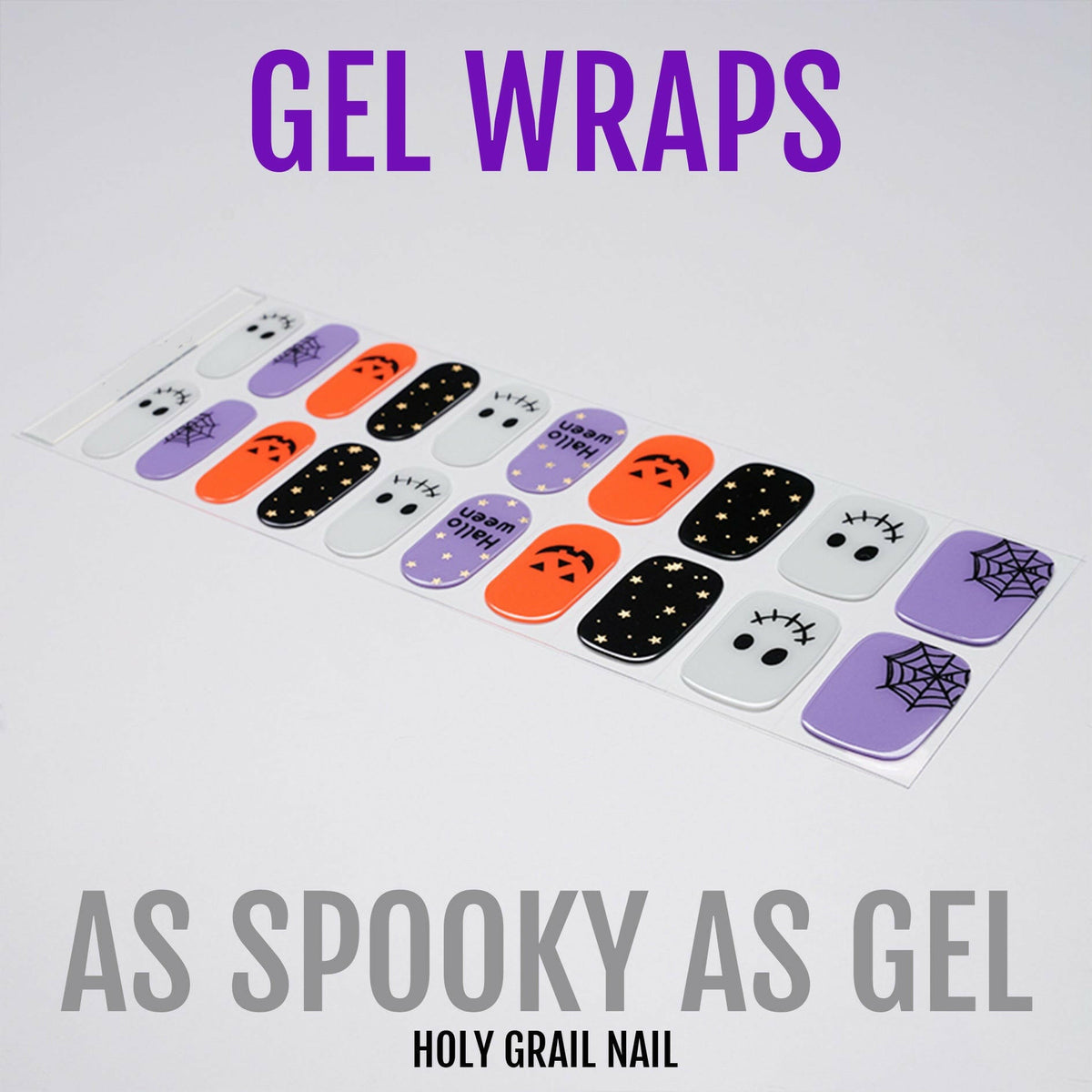 Halloween gel nail wraps set with orange, black, purple spooky designs