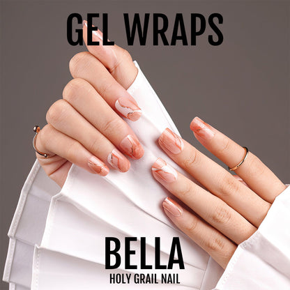 Hands showcasing nude marble gel nail wraps with rose gold shimmer finish
