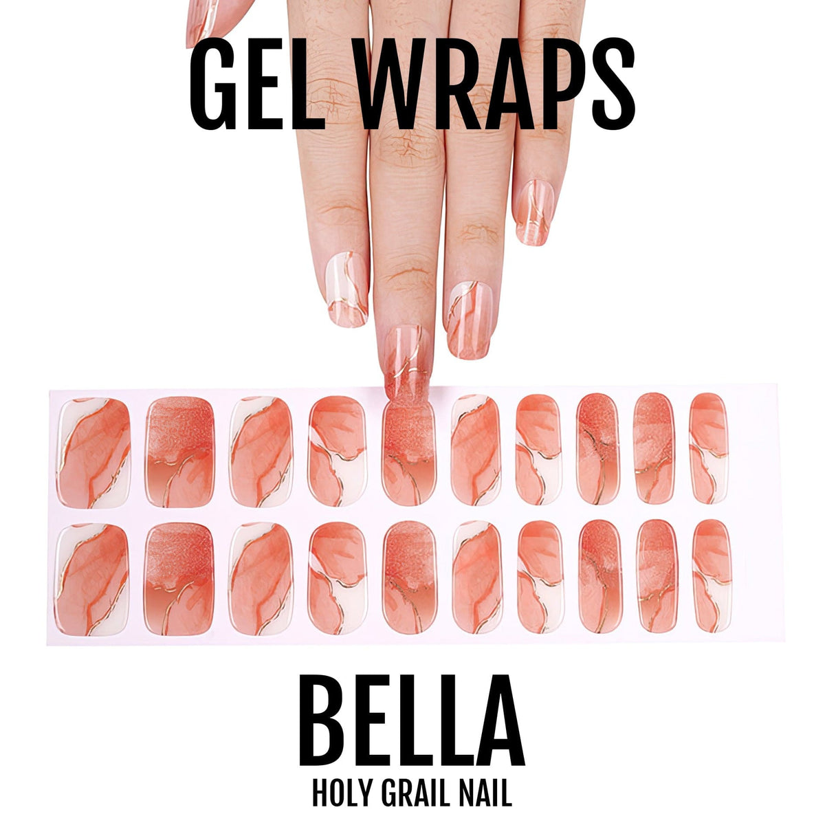 Coral pink marble gel nail wraps sheet with hands displaying stone pattern design