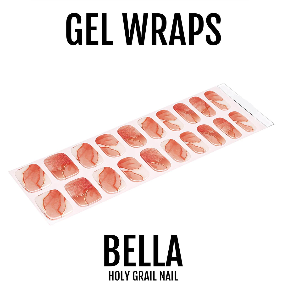 Coral pink marble gel nail wraps individual strips showing stone pattern nail art