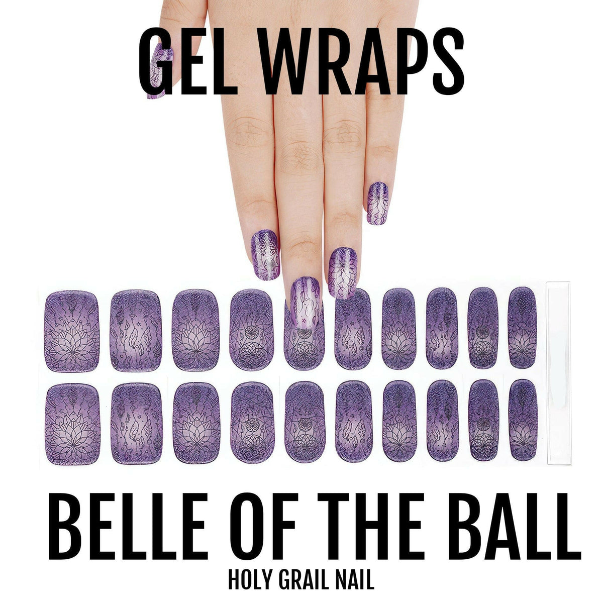 Twenty purple glitter gel nail wraps with snowflake design for at-home manicure