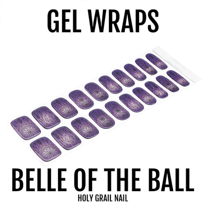 Sheet of purple sparkly gel nail wraps with winter snowflake nail art pattern