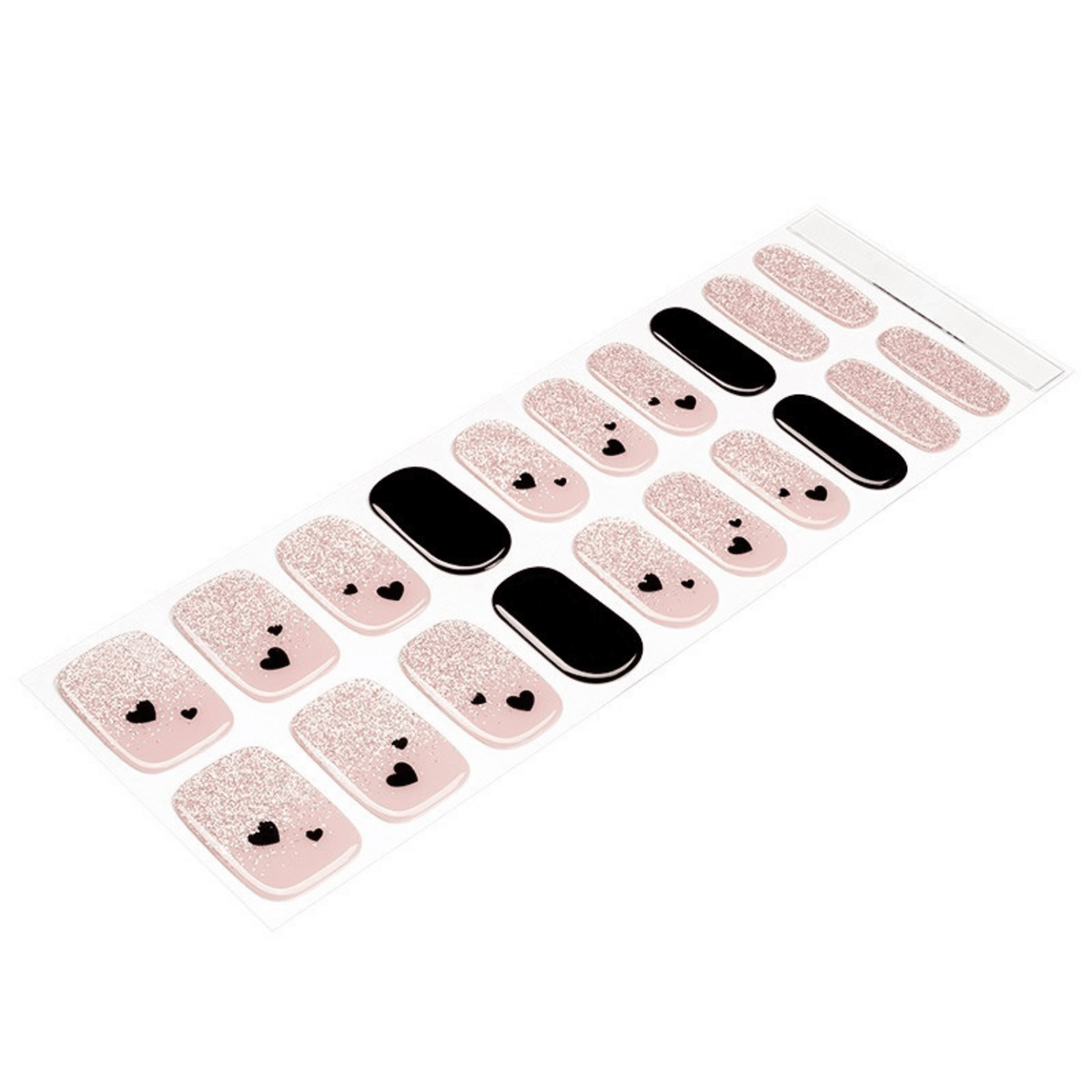Pink glitter gel nail wraps with black heart design for Valentine's manicure