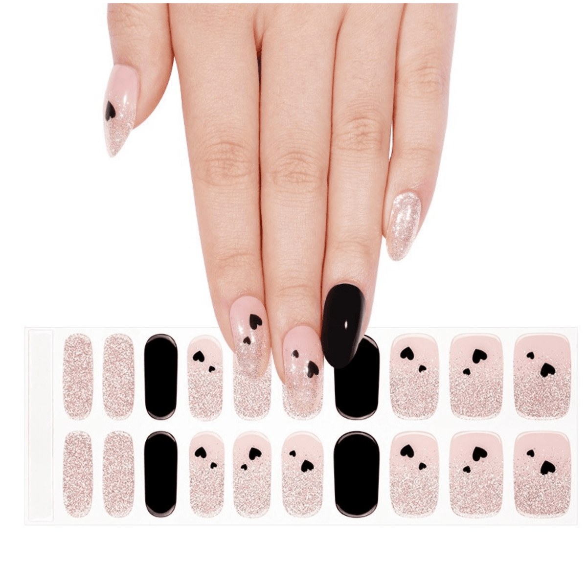 Black and pink glitter gel nail wrap sheet with heart nail art design