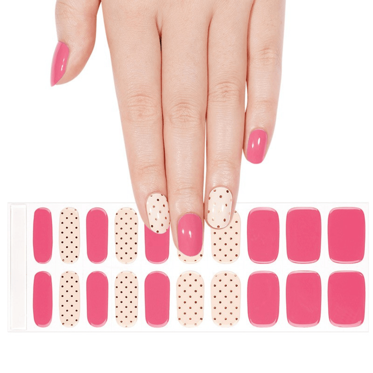 Pink polka dot semi-cured gel nail wraps sheet showing bonbon pattern design
