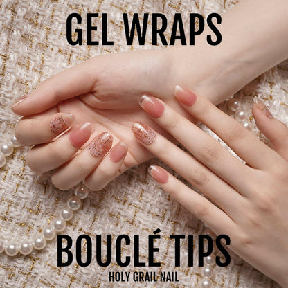 Nude bouclé textured gel nail wraps on hands showing ombre French tip manicure design