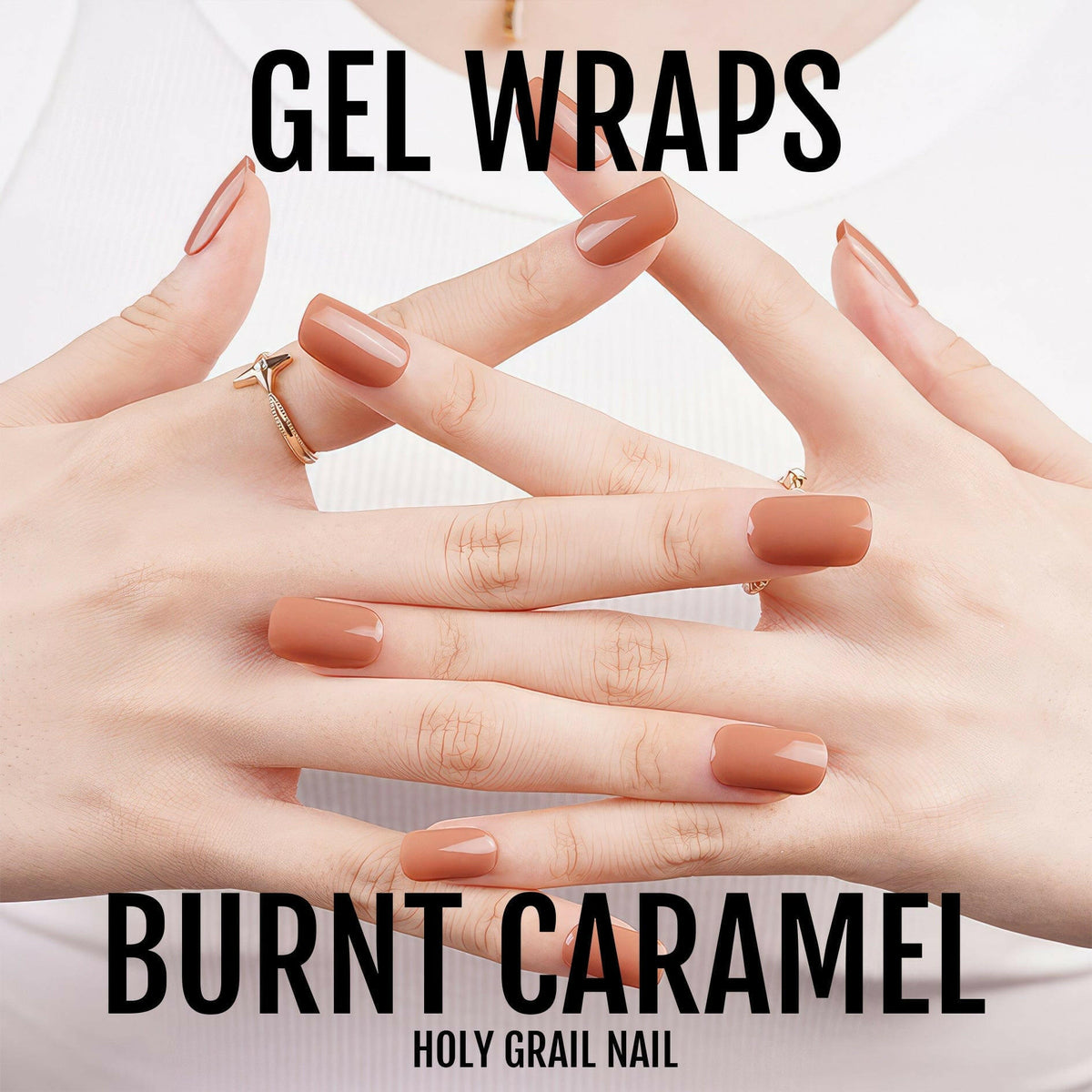 Multiple hands displaying burnt caramel brown gel nail wraps in glossy nude finish