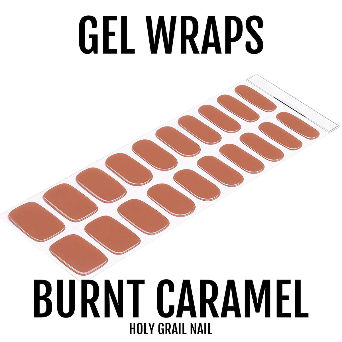 Burnt caramel gel nail wraps in warm brown nude shade for at-home manicure