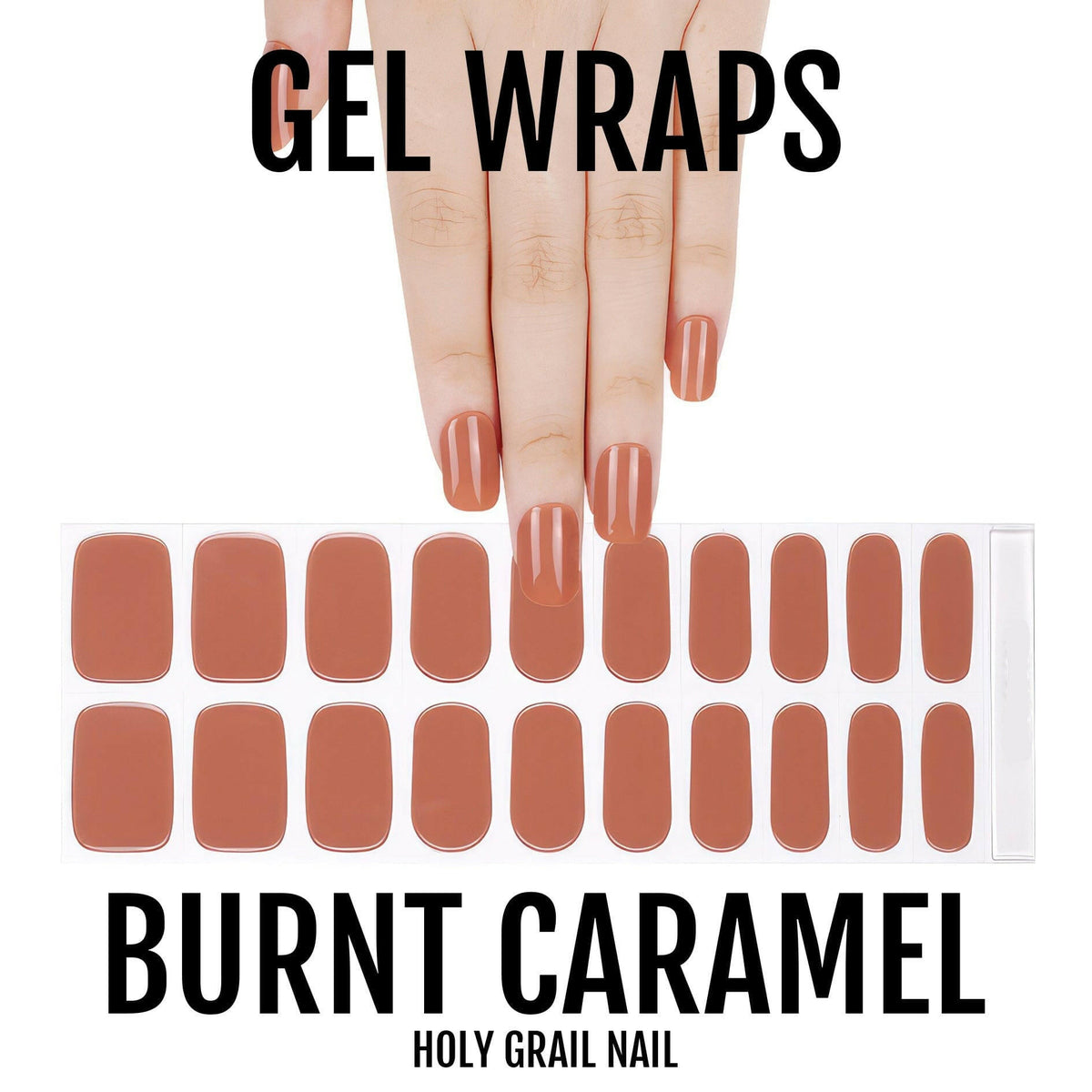 Hand wearing burnt caramel gel nail wraps in glossy brown nude finish