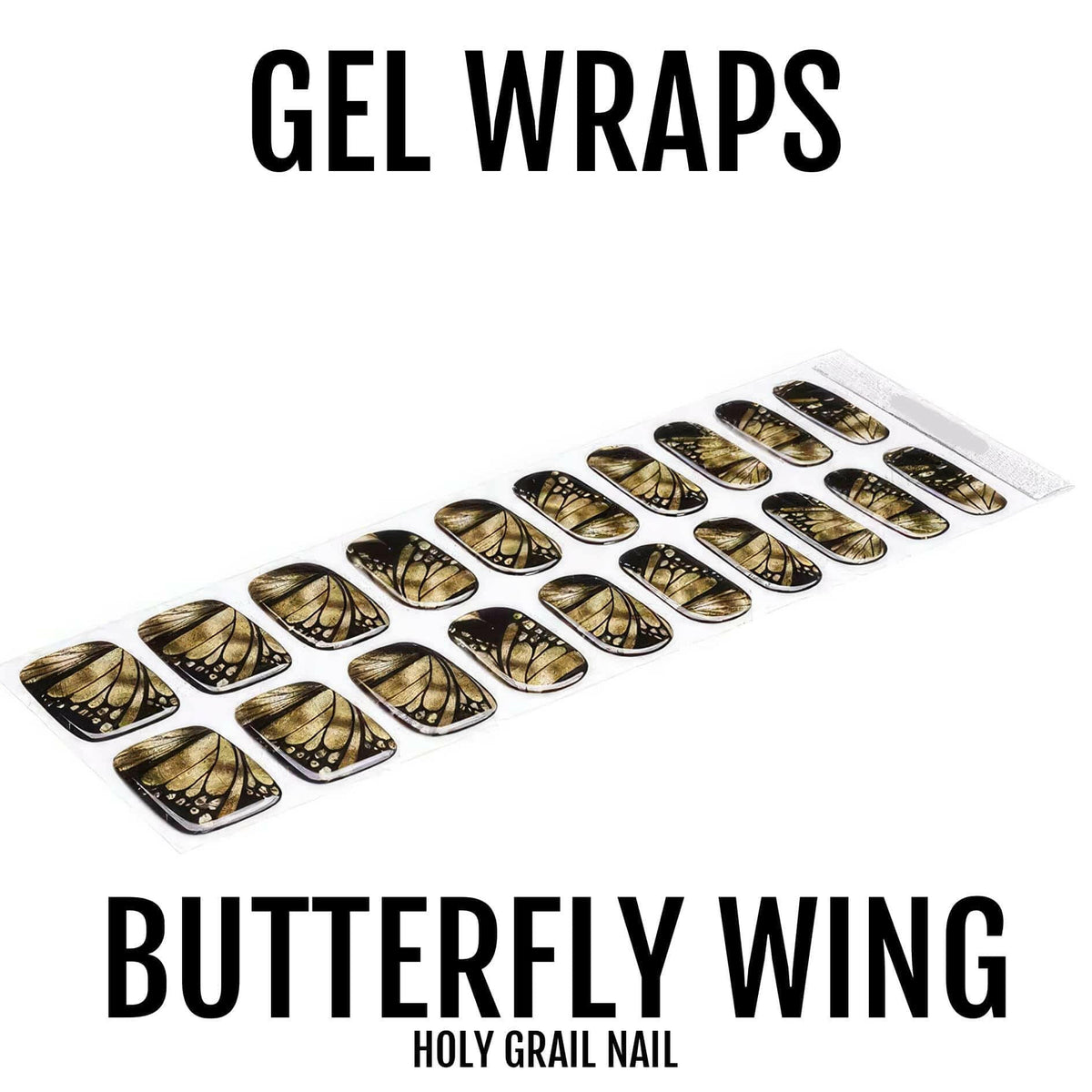 Butterfly wing gel nail wraps sheet with gold and brown metallic patterns for at-home manicure